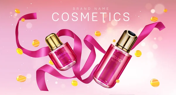 Rózsaszín szalagos és konfettis parfümös üvegek — Stock Vector