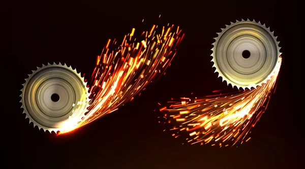 Hojas de sierra circulares con chispas, fuego de trabajo de metal — Vector de stock