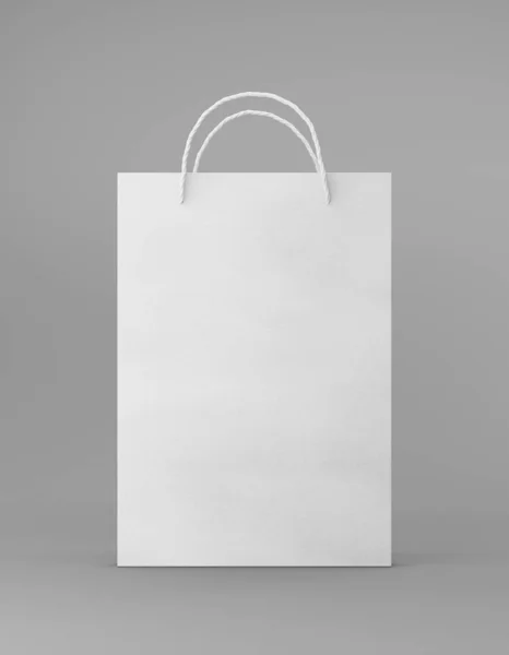 Eco packaging mockup bag kraft paper with handle front side. Standart medium white template on gray background promotional advertising. 3D rendering — Stock Photo, Image