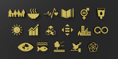 Sustainable Development Goals set seventeen gold icon black background. 3D rendering clipart