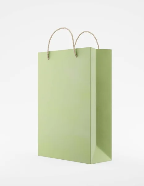 Papel kraft Eco embalagem mockup saco com alça metade lado. Padrão modelo verde médio em publicidade promocional de fundo branco. Renderização 3D — Fotografia de Stock