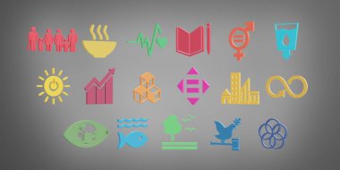 Sustainable Development Goals set seventeen colorful icon gray background. 3D rendering clipart