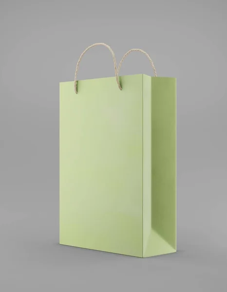 Sac d'emballage éco papier kraft avec poignée demi-côté. Standart moyen modèle vert sur fond gris publicité promotionnelle. rendu 3D — Photo