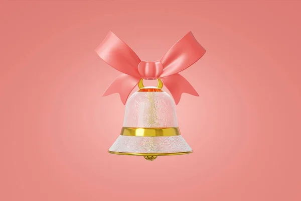 Kerstbel glas ijs ijzige textuur versierd goud opknoping lint. Graceful speelgoed concept ontwerp rode achtergrond. Elegante sieraden symbool Nieuwjaar. 3d destructie — Stockfoto