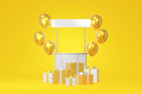 Festive stand promotion stock blanc coffret cadeau maquette, or ballon fond jaune. Vente de magasin de publicité. Concept vendredi noir, Noël, nouvel an. rendu 3D — Photo