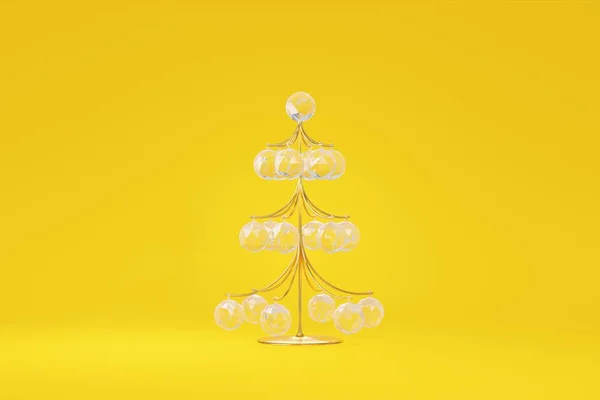 Kerstboom breekbare gouden draad decoratie opknoping bal kristal glas. Graceful speelgoed concept ontwerp gele achtergrond. Elegante sieraden symbool van het nieuwe jaar. 3d destructie — Stockfoto