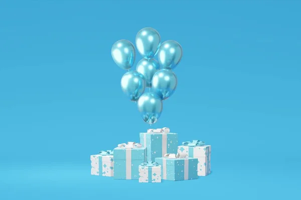 Festive gift box presentation, balloon blue background. Advertising store sale. Concept black friday, christmas, new year. 3D rendering