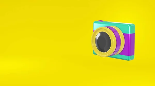 Concepto minimalista metálico púrpura cámara verde foto dibujos animados estilo fondo amarillo. Icono sitio web fotógrafo blog, vídeo, periodista, vloger. renderizado 3d —  Fotos de Stock