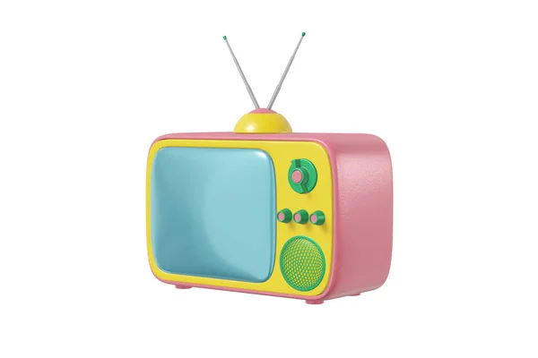 电视机配有天线卡通风格的亮粉色黄色隔离白色背景. 简约的老式设计理念。 3d渲染 — 图库照片
