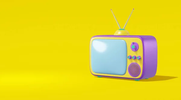 Televisor con antena estilo de dibujos animados de color violeta brillante fondo amarillo. Concepto minimalista de diseño vintage. Renderizado 3D —  Fotos de Stock