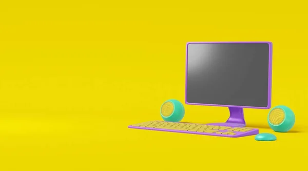 Ordenador estilo de dibujos animados sobre un fondo amarillo. Monitor de juguete concepto realista, altavoz, teclado púrpura ilustración verde. Renderizado 3D —  Fotos de Stock