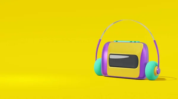盒式磁带卡通片风格黄色背景. 现实的概念玩具录音机,耳机紫色,绿色文字空间插图. 3d渲染 — 图库照片