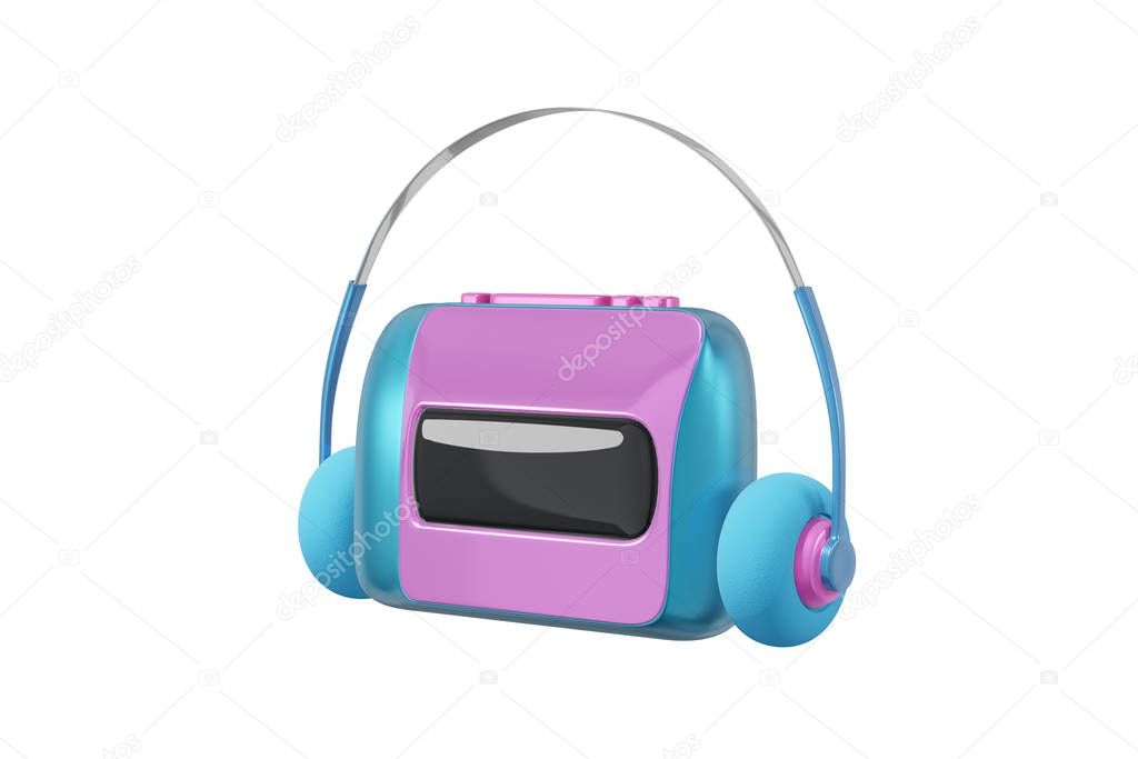 Audio player walkman cartoon style isolated white background. Realistic concept toy tape recorder, headphones blue pink illustration. 3D rendering