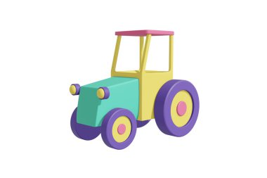 Tekerlekli traktör çizgi film stili gerçekçi tasarım pastel yeşil, mercan rengi, sarı, mor renk. Çocuklar izole edilmiş beyaz arka planda oyuncak. Minimalist ulaşım konsepti. 3d oluşturma.