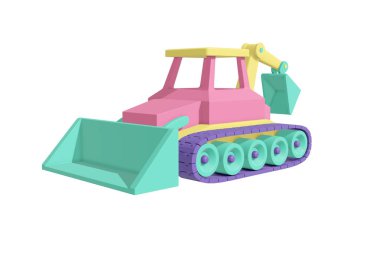 Sürüngen traktörü çizgi film stili gerçekçi tasarım pastel yeşil, mercan, sarı, menekşe rengi. Çocuklar izole edilmiş beyaz arka planda oyuncak. Minimalist ulaşım konsepti. 3d oluşturma.