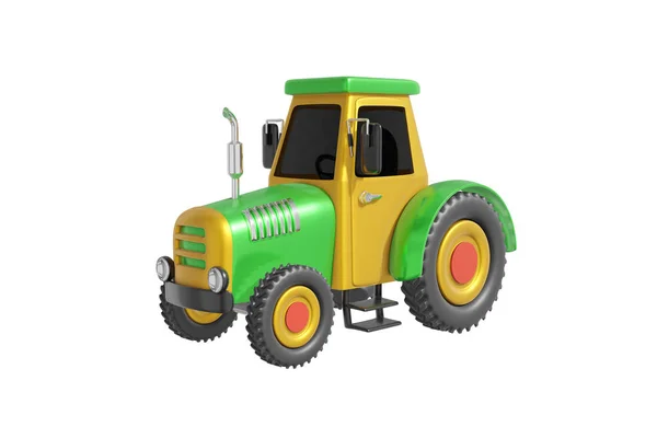 Tractor with wheels cartoon style realistic design green, yellow color. Kids toy isolated white background. Minimalistic transport concept. 3D rendering. — Stock Photo, Image