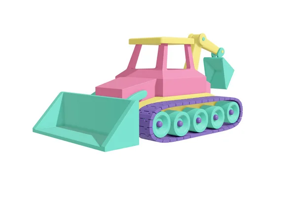 Crawler tractor cu găleată stil desene animate realist design pastel verde, coral, galben, culoare violet. Copii jucărie izolat fundal alb. Conceptul de transport minimalist. Redare 3D . — Fotografie, imagine de stoc