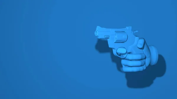 Ruka drží revolver, zbraň. Ilustrační gesto výhrůžka, nebezpečí, zatčení, loupež, varování. Stylová minimální abstraktní vodorovná scéna, místo pro text. Moderní klasická modrá barva. 3D vykreslování — Stock fotografie