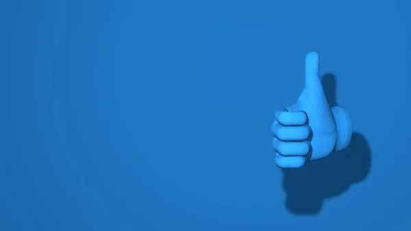 Hand thumb up. Illustration gesture like, success, victory. Stylish minimal abstract horizontal scene, place for text. Trendy classic blue color. 3D rendering — 스톡 사진