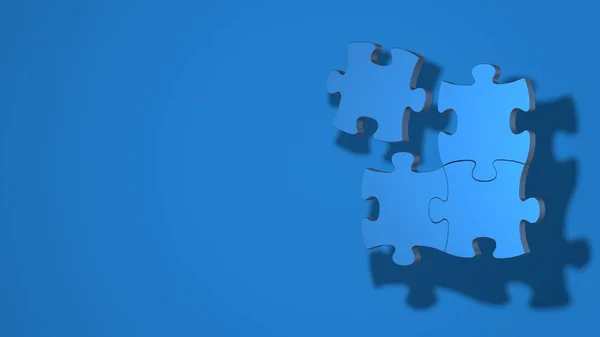 Drei Puzzleteile sind miteinander verbunden, eines davon separat. stilvolle minimale abstrakte horizontale Szene, Platz für Text. trendige klassische blaue Farbe. 3D-Darstellung — Stockfoto