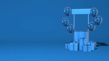 Balonlarla ve hediye kutularıyla süslenmiş bir terfinin reklam standı. Asgari derecede soyut, yatay sahne, yazı için yer. Klasik moda mavi renk. 3d oluşturma