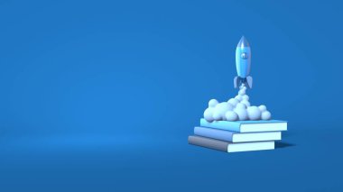 Çizgi film tarzı bir uzay roketi kitaplardan havalanır. Eğitim, eğitim, girişim, iş. Asgari derecede soyut, yatay sahne, yazı için yer. Klasik moda mavi renk. 3d rende