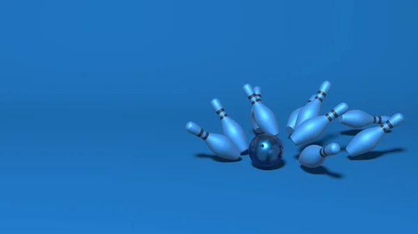 Zásah do bowlingu. Kuželky letí z míče. Stylová minimální abstraktní vodorovná scéna, místo pro text. Moderní klasická modrá barva. 3D vykreslování — Stock fotografie