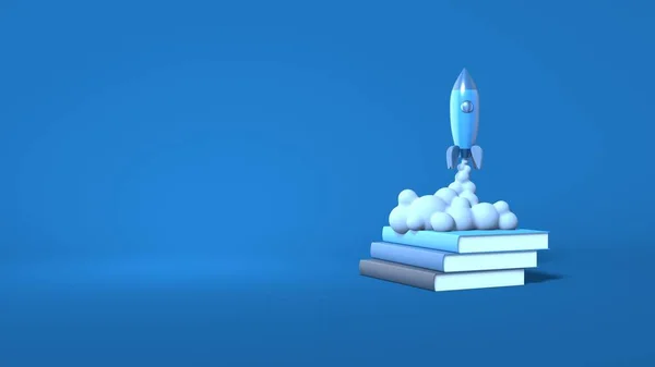 A cartoon style space rocket takes off from books. The concept of training, education, startup, business. Stylish minimal abstract horizontal scene, place for text. Trendy classic blue color. 3D rende