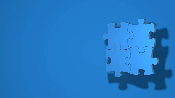 Four pieces of the puzzle are connected. Stylish minimal abstract horizontal scene, place for text. Trendy classic blue color. 3D rendering — 스톡 사진