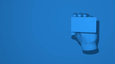 Elleri boş bir kart kopyası tutuyor. İllülasyon jesti uyarısı. Asgari derecede soyut, yatay sahne, yazı için yer. Klasik moda mavi renk. 3d oluşturma