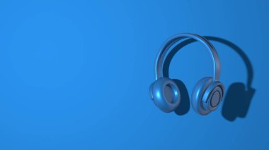 Stereo müzik kulaklıkları. Asgari derecede soyut, yatay sahne, yazı için yer. Klasik moda mavi renk. 3d oluşturma