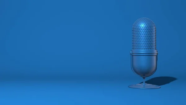 Modern microphone for a stream, video blogger. Stylish minimal abstract horizontal scene, place for text. Trendy classic blue color. 3D rendering — Stock Photo, Image