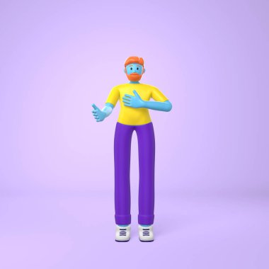 Gayri resmi olarak sakallı genç hippi elini uzatıyor. Moda konsepti orantısız vücut büyük bacaklar ve kollar karikatür çizimi. Moda, parlak renk tarzı. 3d oluşturma