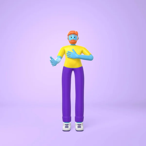 Young hipster guy with a beard informally welcomes holding out his hand. Trendy concept disproportionate body big legs and arms cartoon illustration. Fashionable bright color style. 3D rendering — 스톡 사진