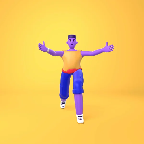 Ein junger Afrikaner grüßt informell und reicht ihm die Hand. trendiges Konzept unverhältnismäßig großen Körper Beine und Arme Cartoon-Illustration. modischen hellen Farbstil. 3D-Darstellung — Stockfoto