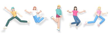 3D rendering set of a young, happy, cheerful girl character jumping and dancing isolate on a white background. Abstract minimal concept youth, teamwork, happiness, success, victory.