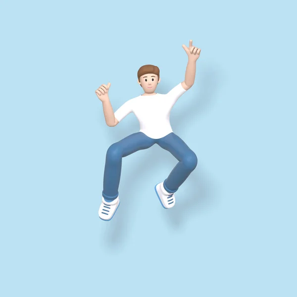 3D rendant personnage un jeune, heureux, gai gars sautant et dansant sur un fond bleu. Résumé concept minimal jeunesse, collège, école, bonheur, succès, victoire . — Photo
