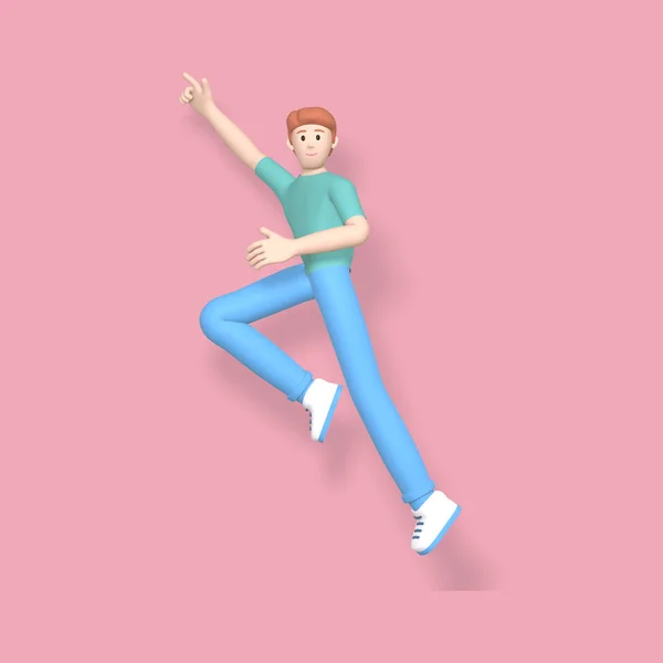 3D rendering character a young, happy, cheerful guy jumping and dancing on a red background. Abstract minimal concept youth, college, school, happiness, success, victory. — 스톡 사진