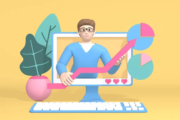 3D Rendering Charakter Finanz-Blogger-Kanal. Ein Cartoon-Mann auf dem Monitor zeigt, wie eine Grafik aufsteigt. abstraktes minimales Internet-Geschäftskonzept. — Stockfoto