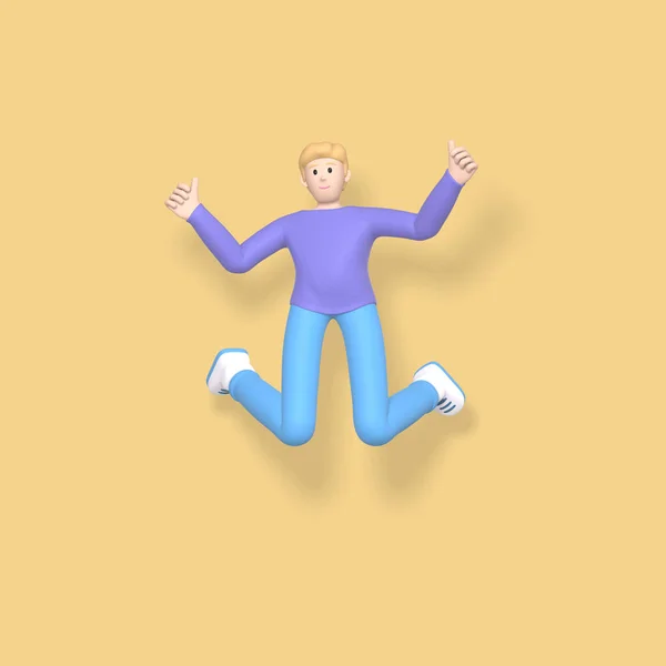 3D rendering character a young, happy, cheerful guy jumping and dancing on a yellow background. Abstract minimal concept youth, college, school, happiness, success, victory. — Stockfoto