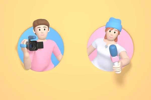 3D рендеринг персонажа парень с видеокамерой и девушка с микрофоном. Абстрактное минимальное понятие. Сбор новостей, сенсационный поиск, журналист, репортер . — стоковое фото