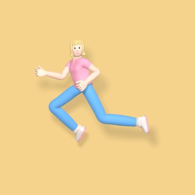 3D karakteri, genç, mutlu, neşeli bir kız sarı arka planda zıplıyor ve dans ediyor. Asgari konsept gençlik, üniversite, okul, mutluluk, başarı, zafer.