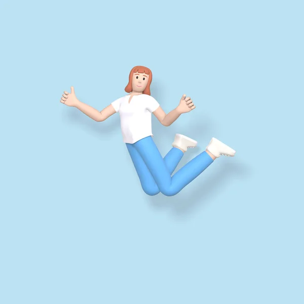 Personaje de representación 3D una chica joven, feliz y alegre saltando y bailando sobre un fondo azul. Concepto mínimo abstracto juventud, universidad, escuela, felicidad, éxito, victoria . —  Fotos de Stock