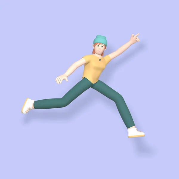 Personaje de representación 3D una joven, feliz, chica alegre hipster en un sombrero saltando y bailando sobre un fondo púrpura. Concepto mínimo abstracto juventud, universidad, escuela, felicidad, éxito, victoria . —  Fotos de Stock