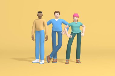 3D karakterler, grup portresi. İki beyaz, Afrikalı ve şapkalı hippi kız. Öğrenciler ya da gençler çok uluslu bir takımdır. Soyut asgari konsept takım çalışması, iş, eğitim.