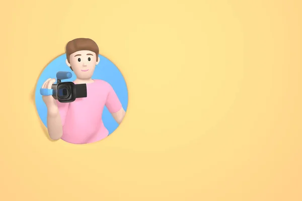 3D renderowania postać dziewczyna młody facet z kamery wideo na żółtym tle. Streszczenie minimalnego pojęcia. Zbieranie wiadomości, poszukiwanie sensacji, dziennikarz, reporter. — Zdjęcie stockowe