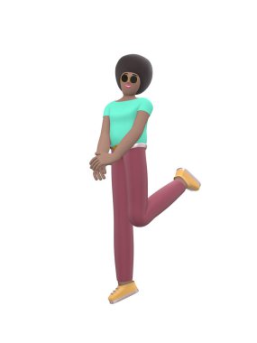 Kollarını kaldırıp dans eden ve zıplayan neşeli Afrikalı genç bir kız. Beyaz arka planda izole edilmiş günlük renkli elbiseli pozitif karakter. Komik, mutlu çizgi film adamı, öğrenci, ergen tarzı. 3d oluşturma.