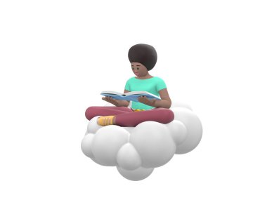 Genç neşeli Afrikalı kız gökyüzünde Lotus pozisyonunda bir bulutun üzerinde oturmuş kitap okuyor. Beyaz arka planda izole edilmiş günlük renkli elbiseli pozitif karakter. Komik, mutlu çizgi film adamı, öğrenci, ergen tarzı. 3d oluşturma.