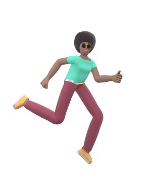 Kollarını kaldırıp dans eden ve zıplayan neşeli Afrikalı genç bir kız. Beyaz arka planda izole edilmiş günlük renkli elbiseli pozitif karakter. Komik, mutlu çizgi film adamı, öğrenci, ergen tarzı. 3d oluşturma.