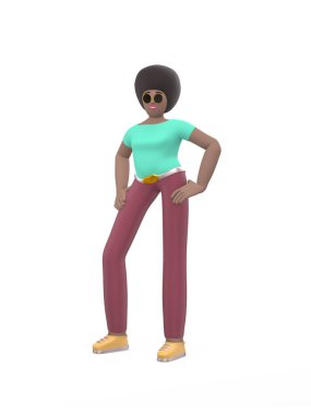 Genç, neşeli Afrikalı kız poz veriyor. Beyaz arka planda izole edilmiş günlük renkli elbiseli pozitif karakter. Komik, mutlu çizgi film adamı, öğrenci, ergen tarzı. 3d oluşturma.